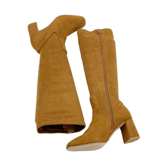 Nordstrom Rack Knee High Square-Toe Stretch Boot Brown Suede Size 5M - Picture 1 of 9